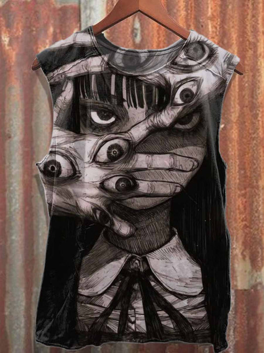 Retro Graffiti Print Loose Cotton Tank Top