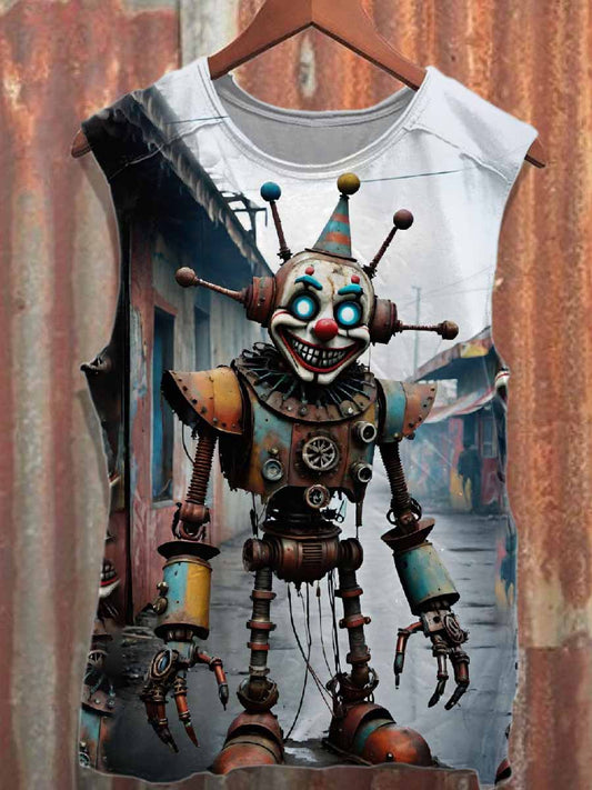 Retro Robot Pattern Loose Cotton Tank Top