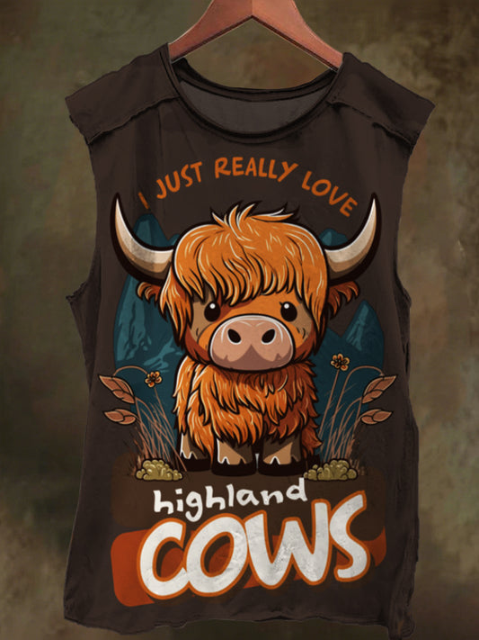 Highland Cow in the Forest Print Casual Cotton Tank Top