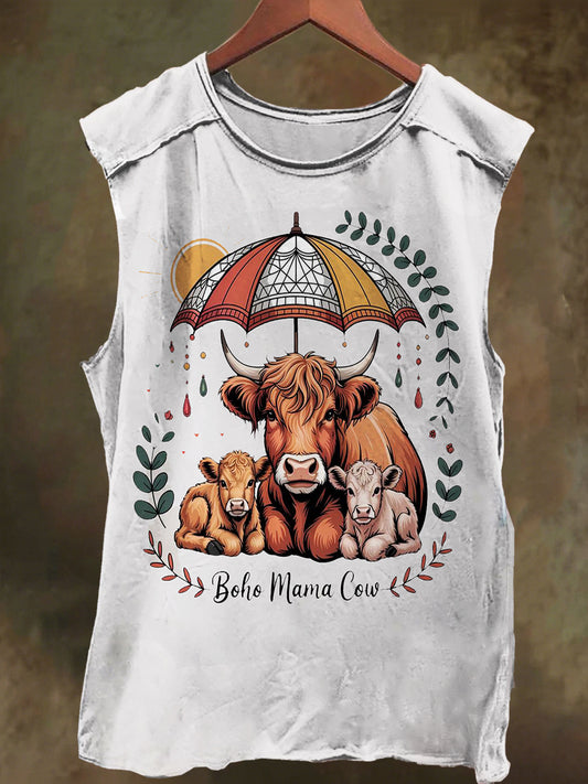 Highland Cow Family Print Casual Cotton Tank Top