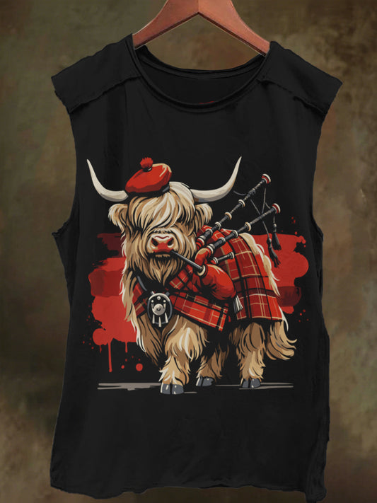 Elegant Highland Cowlhead Print Casual Cotton Tank Top