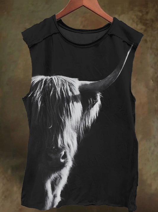 Highland Cow Printed Casual Cotton Tank Top in Darkness