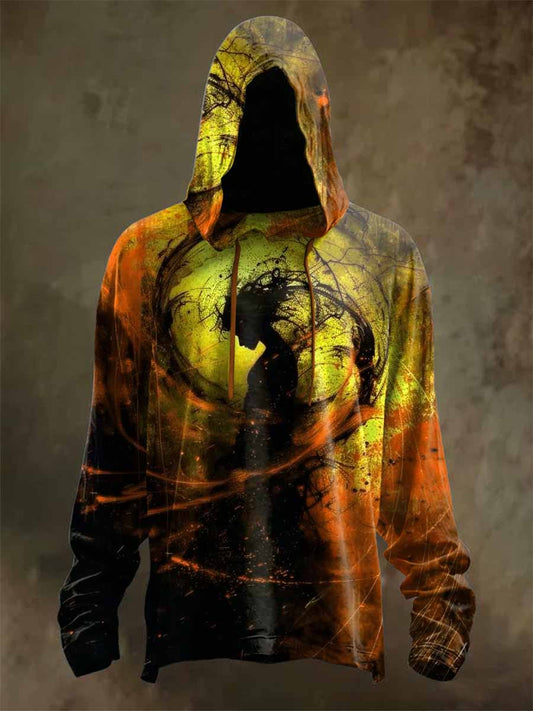 Retro Graffiti Print Casual Long Sleeved Hooded Sweatshirt