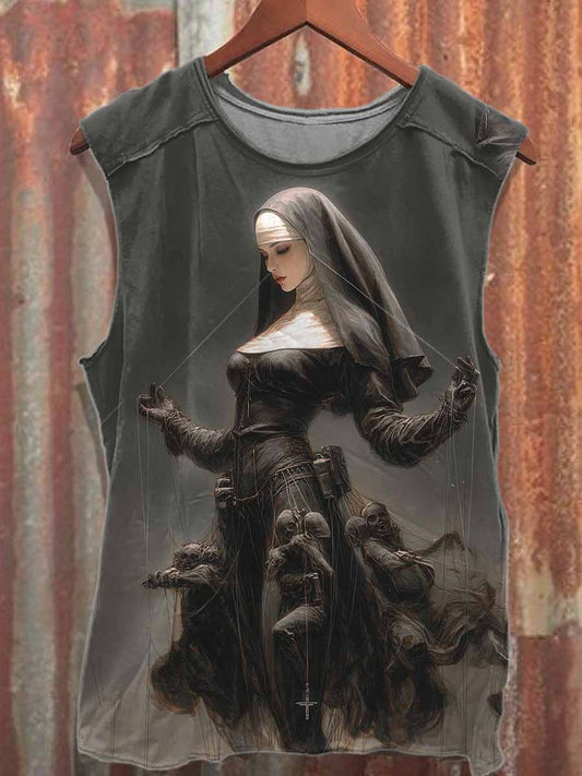 Vintage Puppet Nun Printed Cotton Tank Top