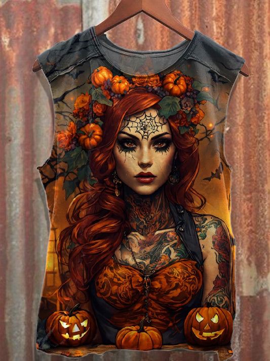 Retro Halloween Graffiti Print Casual Cotton Tank Top