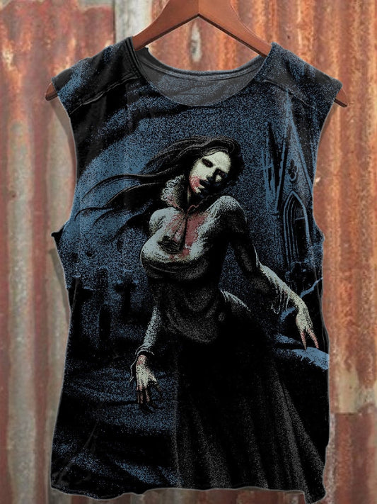 Retro Halloween Graffiti Print Casual Cotton Tank Top