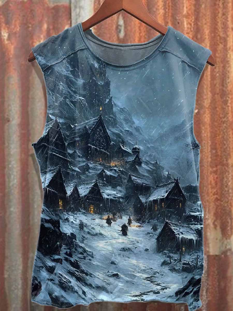 Retro Winter Snow Scene Printed Casual Cotton Tank Top