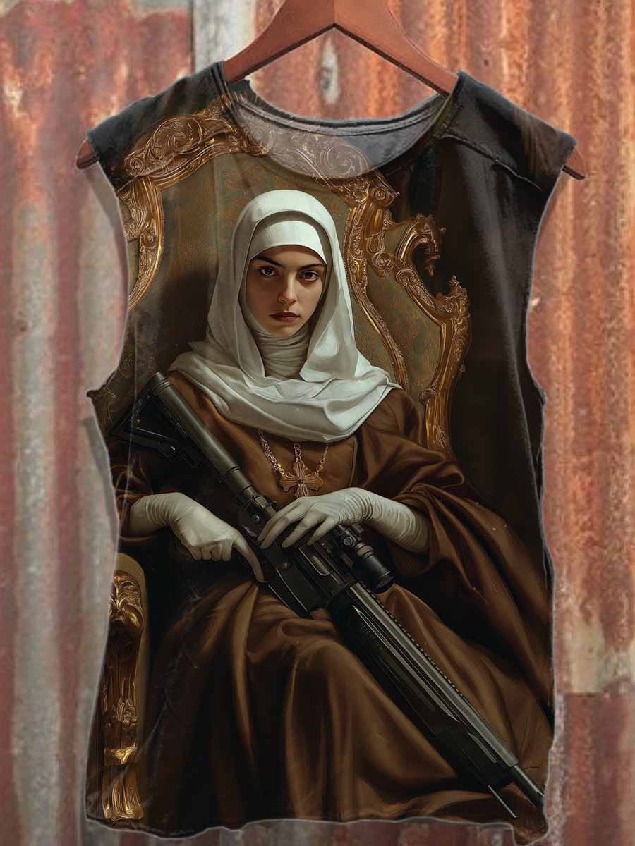Retro Graffiti Nun Print Casual Cotton Tank Top