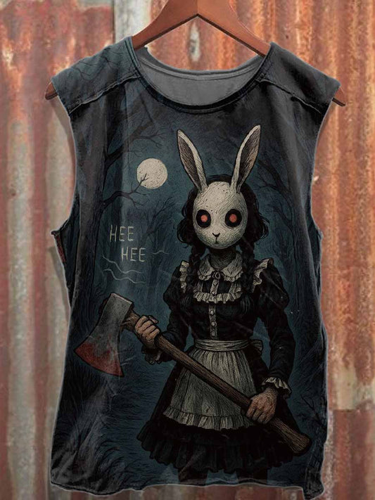 Retro Evil Bunny Illustration Printed Cotton Tank Top