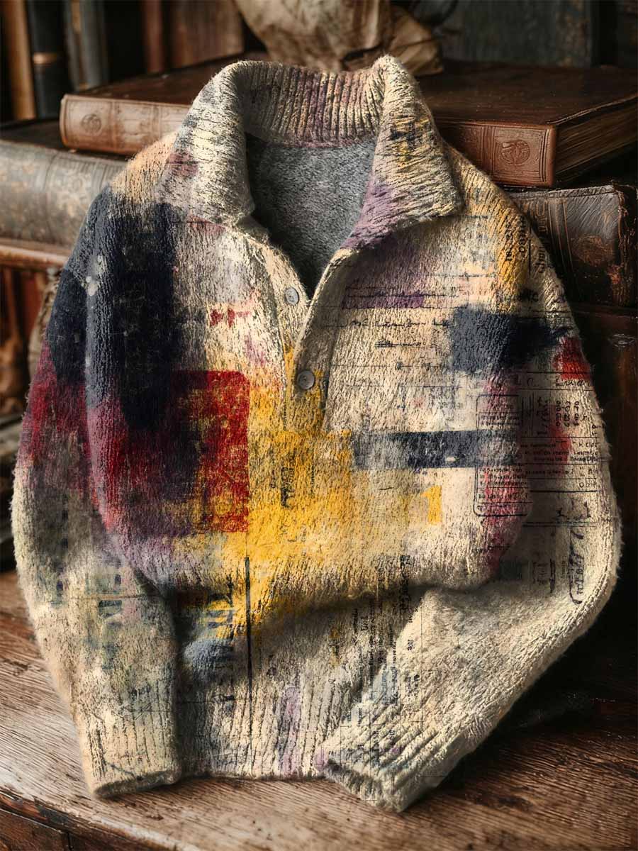 Vintage Patchwork Art Print Buttoned Stand Collar Sweater