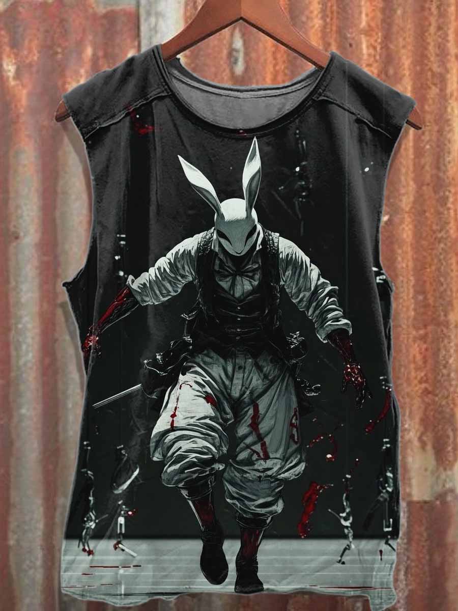 Retro Evil Bunny Illustration Printed Cotton Tank Top