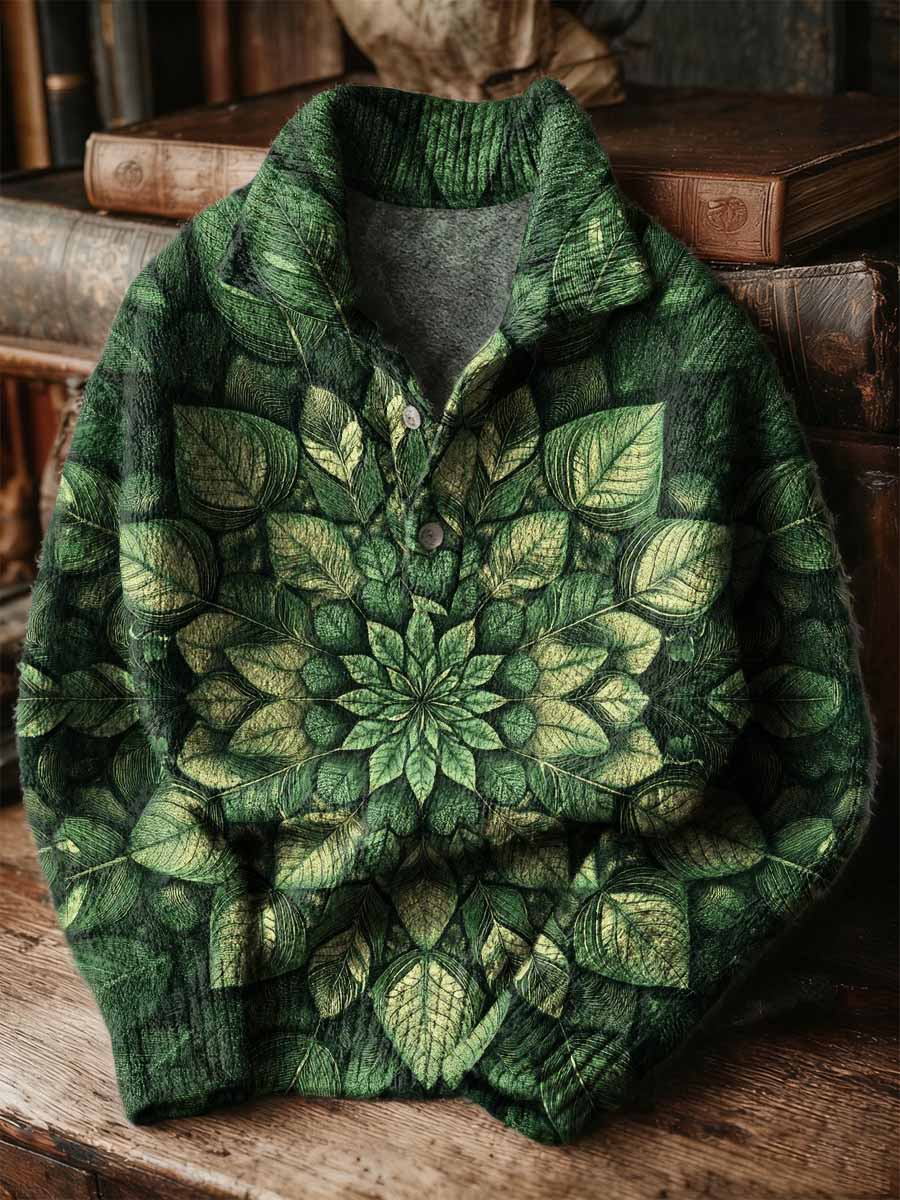 Vintage Patchwork Art Print Buttoned Stand Collar Sweater