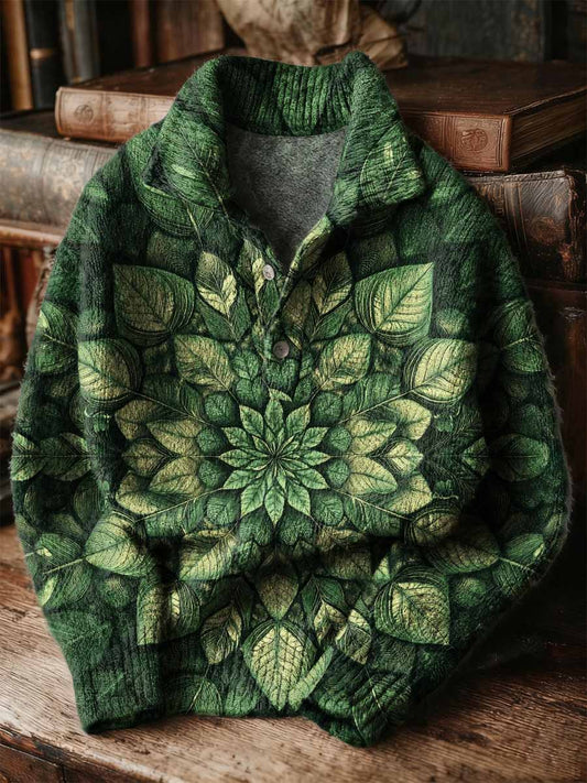 Vintage Patchwork Art Print Buttoned Stand Collar Sweater