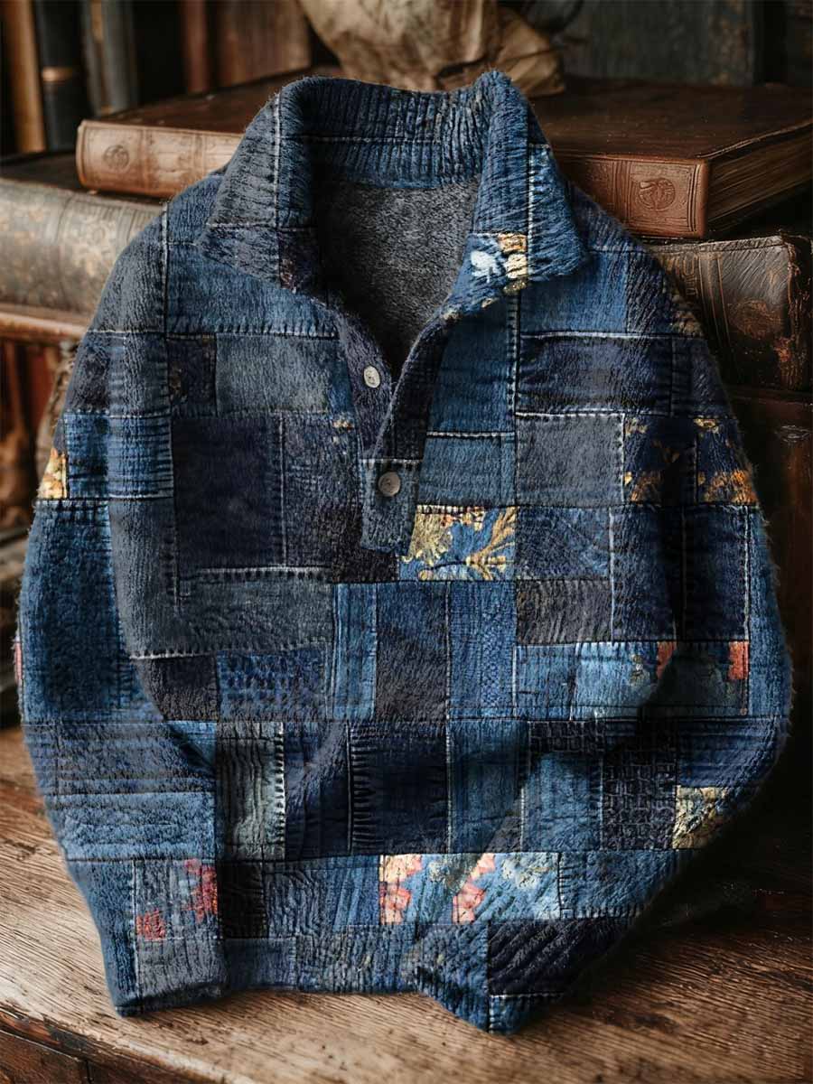 Vintage Patchwork Art Print Buttoned Stand Collar Sweater