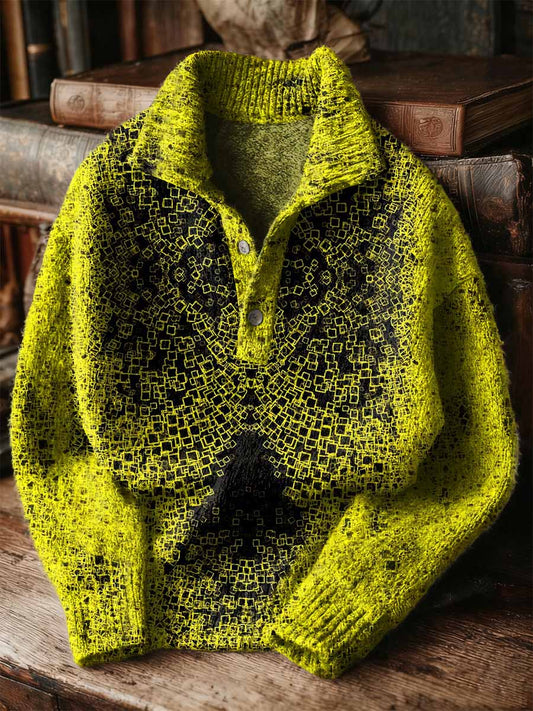 Retro Graffiti Art Printed Button-Up Stand Collar Sweater