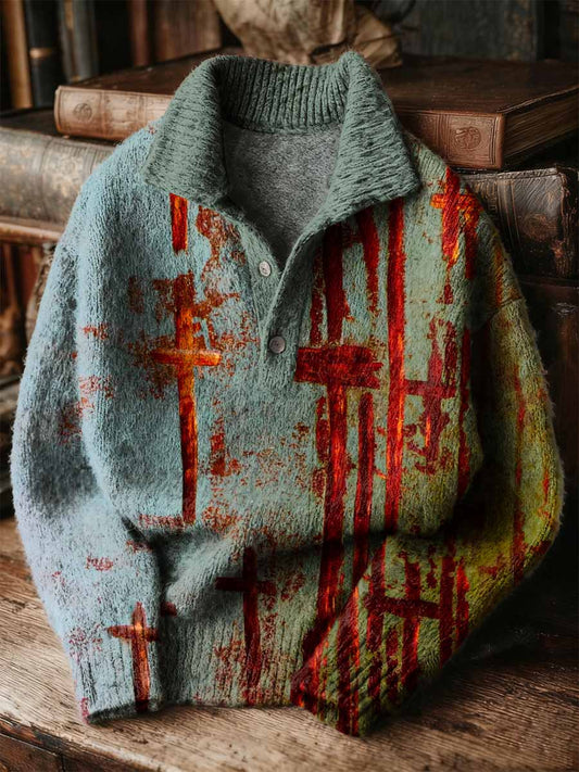 Vintage Patchwork Art Print Buttoned Stand Collar Sweater