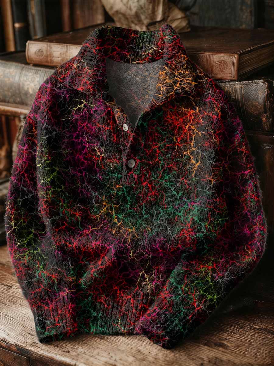 Retro Graffiti Art Printed Button-Up Stand Collar Sweater