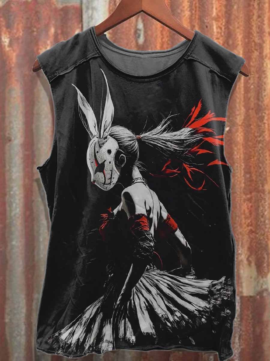 Retro Evil Bunny Illustration Printed Cotton Tank Top