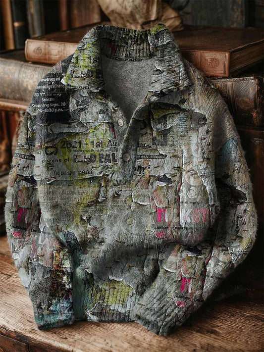 Vintage Patchwork Art Print Buttoned Stand Collar Sweater