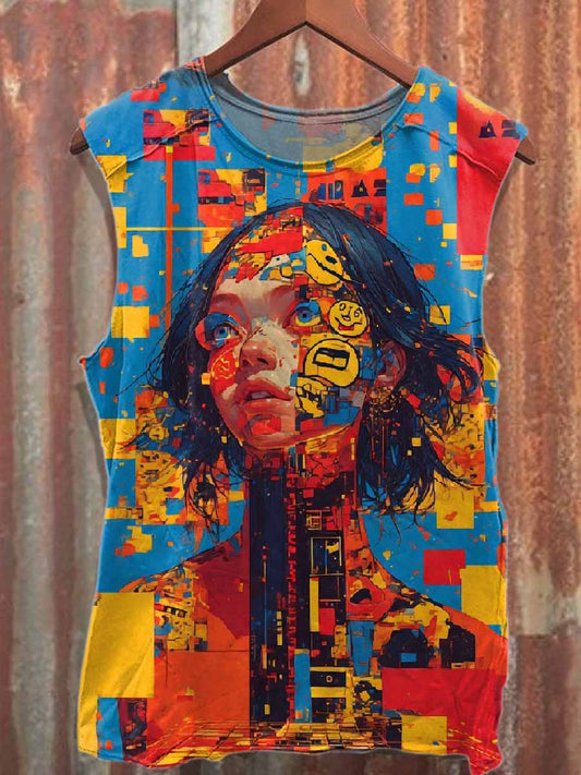 Retro Graffiti Art Style Printed Cotton Tank Top