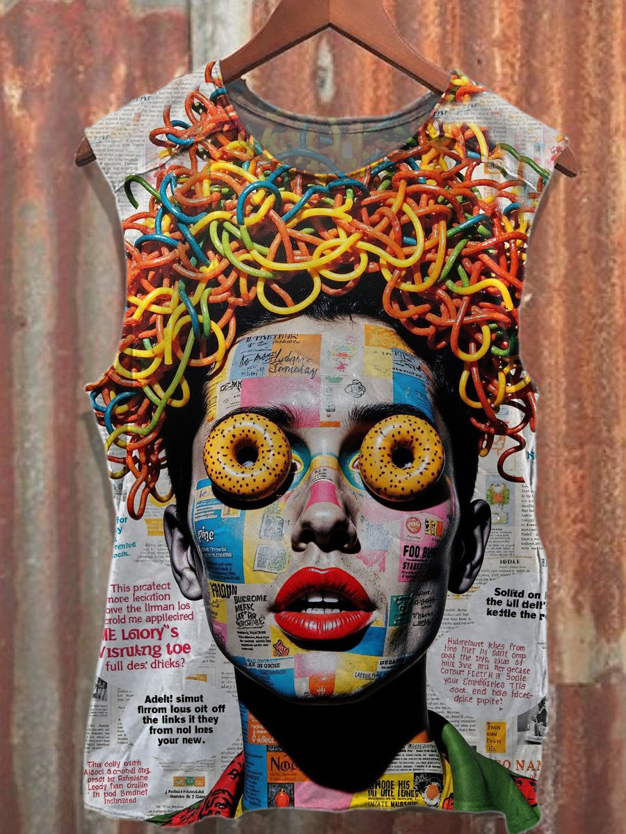 Retro Graffiti Art Style Printed Cotton Tank Top