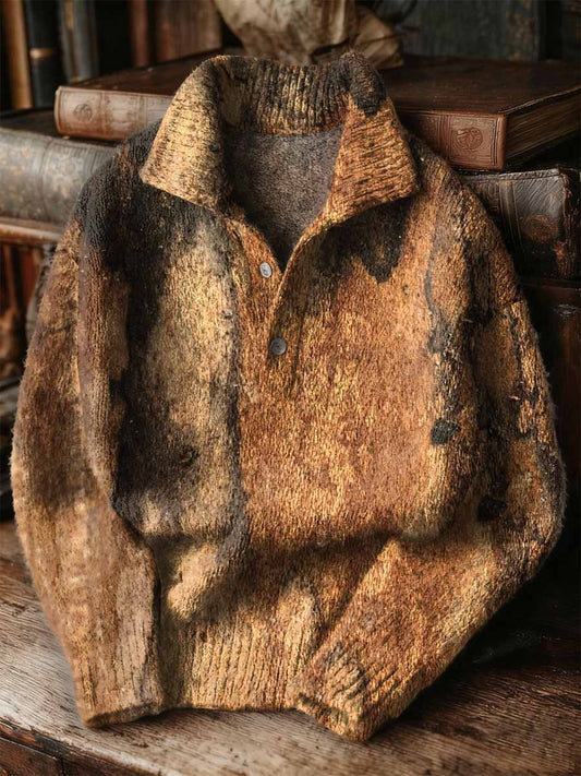 Vintage Patchwork Art Print Buttoned Stand Collar Sweater