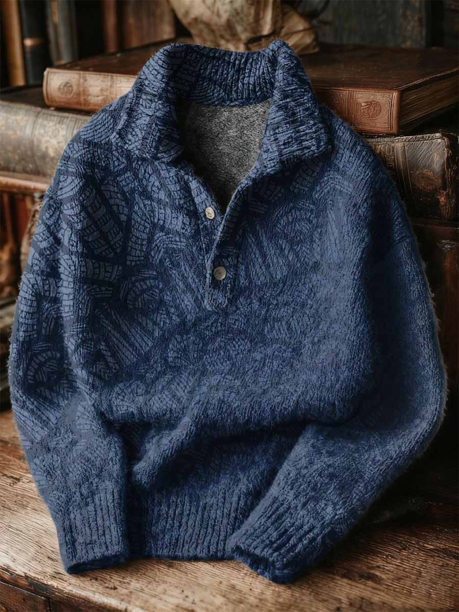 Vintage Patchwork Art Print Buttoned Stand Collar Sweater