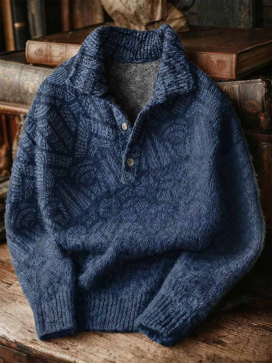 Vintage Patchwork Art Print Buttoned Stand Collar Sweater