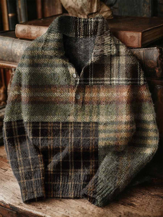 Vintage Patchwork Art Print Buttoned Stand Collar Sweater