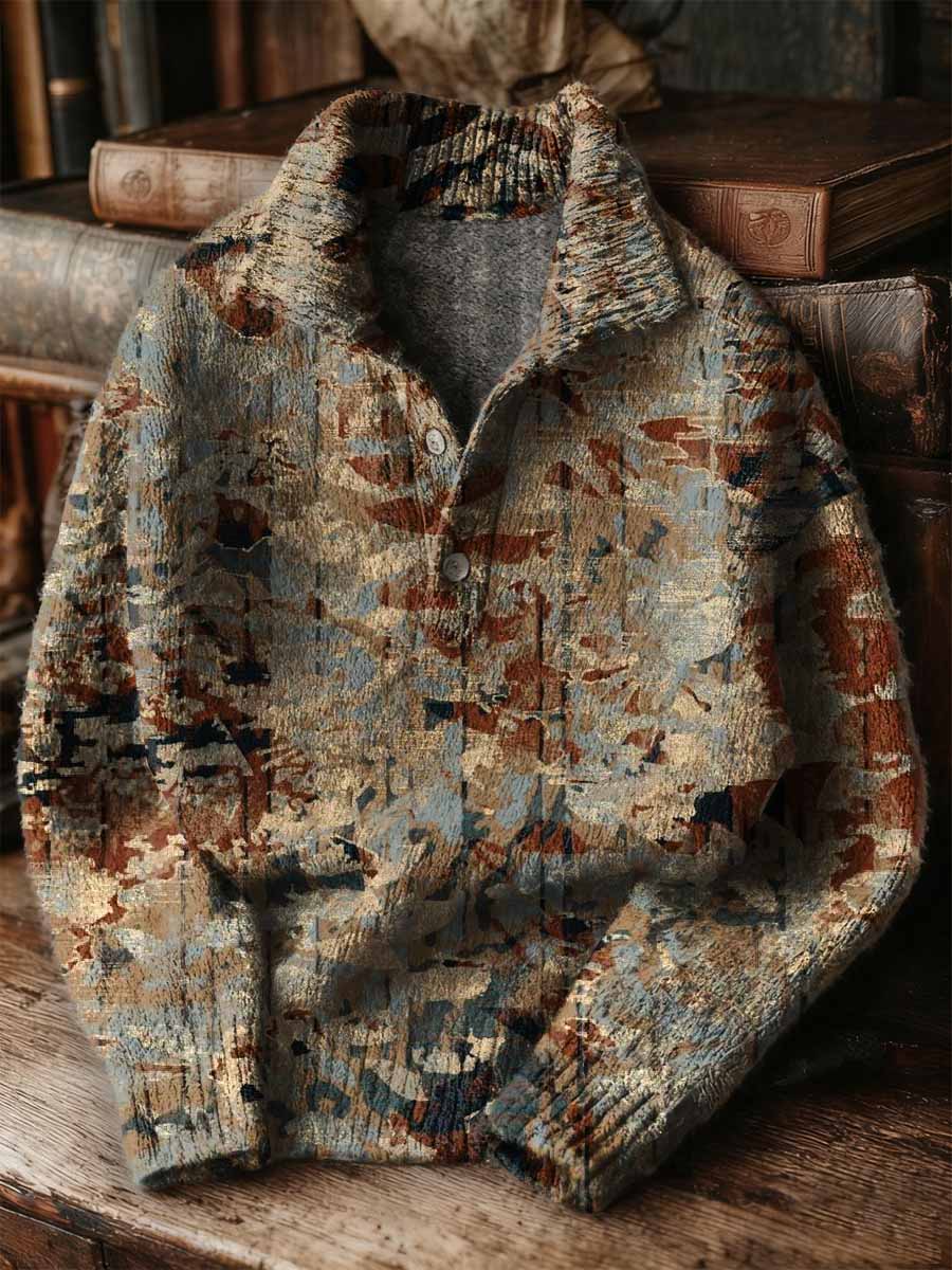 Vintage Patchwork Art Print Buttoned Stand Collar Sweater