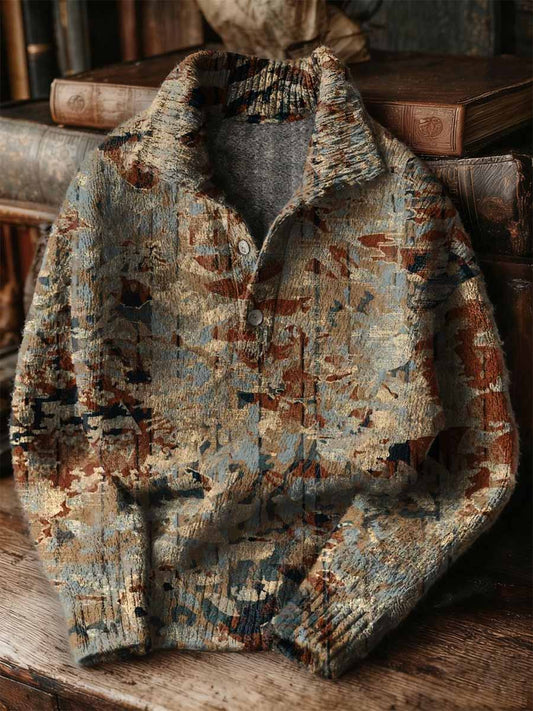 Vintage Patchwork Art Print Buttoned Stand Collar Sweater