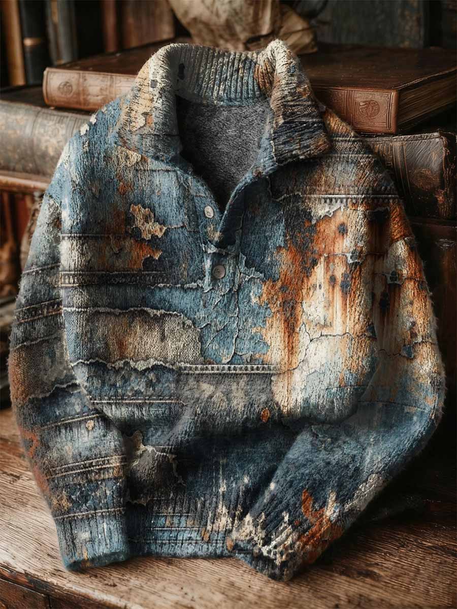 Vintage Patchwork Art Print Buttoned Stand Collar Sweater