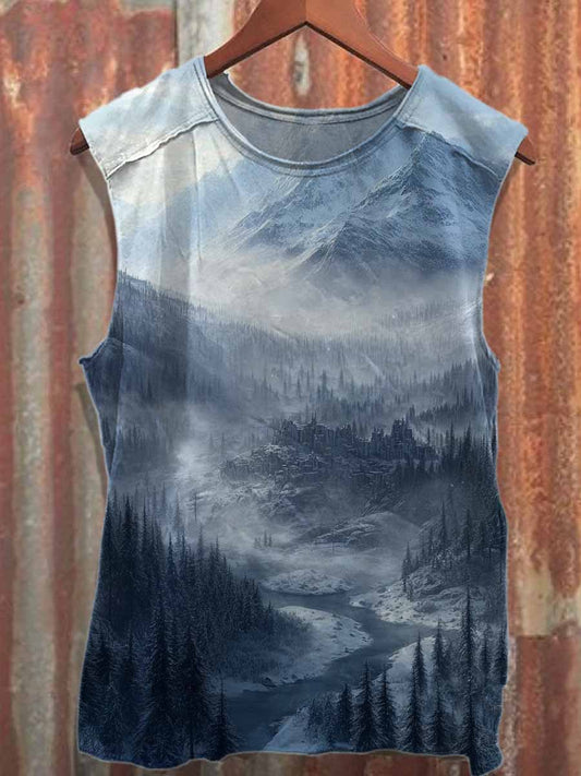 Retro Winter Castle Print Casual Cotton Tank Top