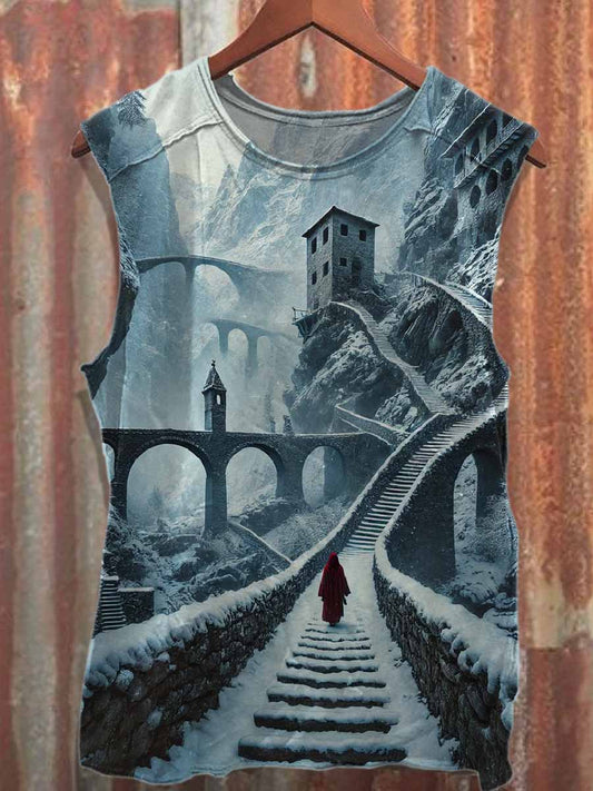 Retro Winter Castle Print Casual Cotton Tank Top