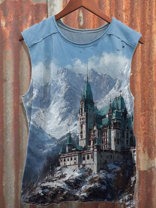 Retro Winter Castle Print Casual Cotton Tank Top