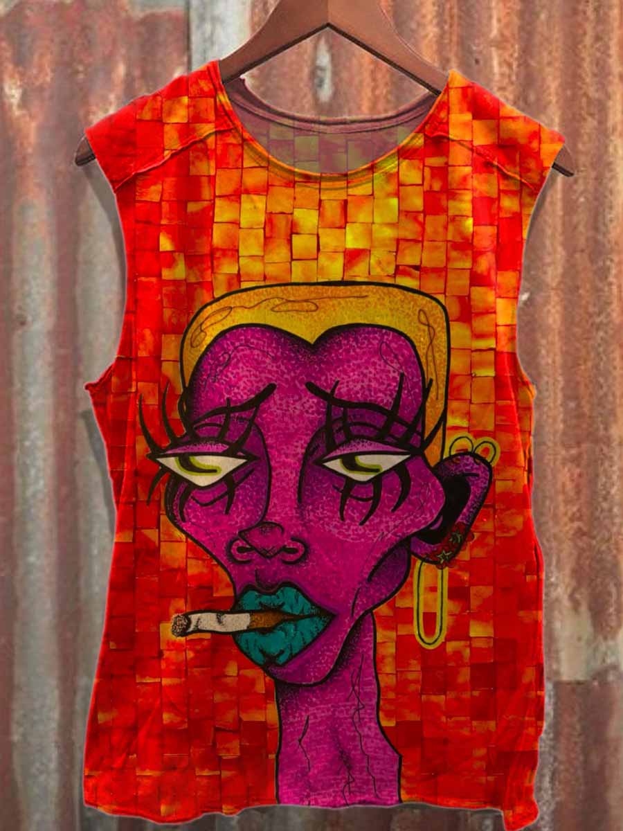 Retro Graffiti Art Printed Loose Cotton Tank Top