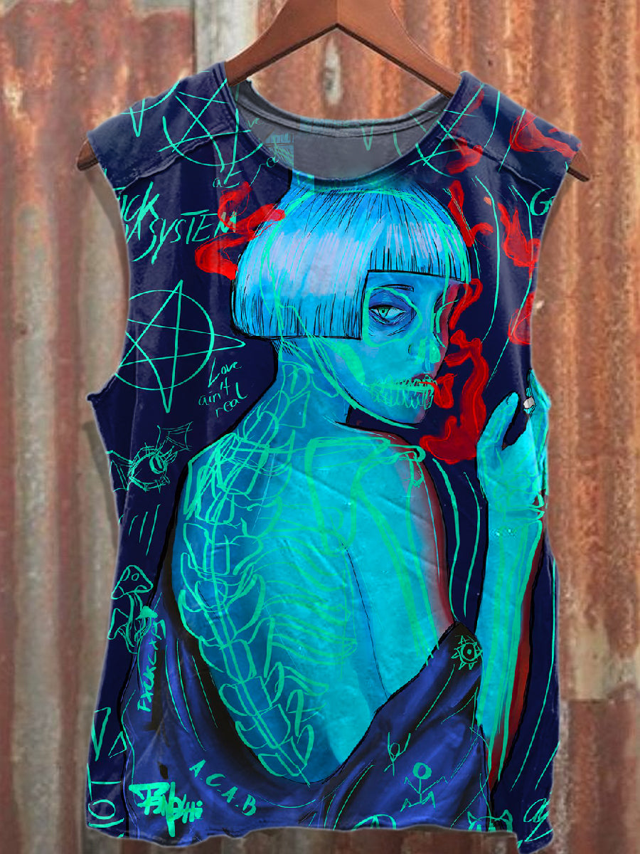 Retro Graffiti Print Casual Cotton Tank Top