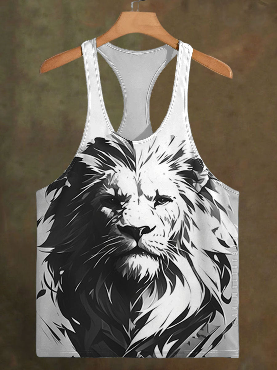 Men's Black and White Lion Print Casual Cotton Tank Top