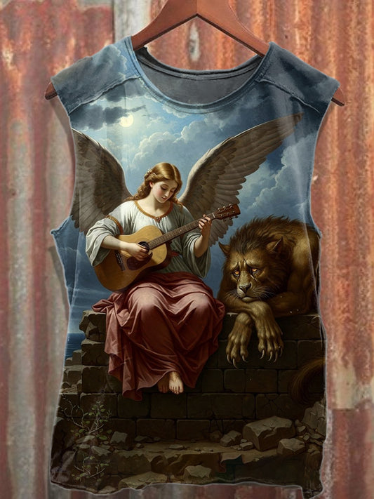 Retro Angel Print Casual Cotton Tank Top