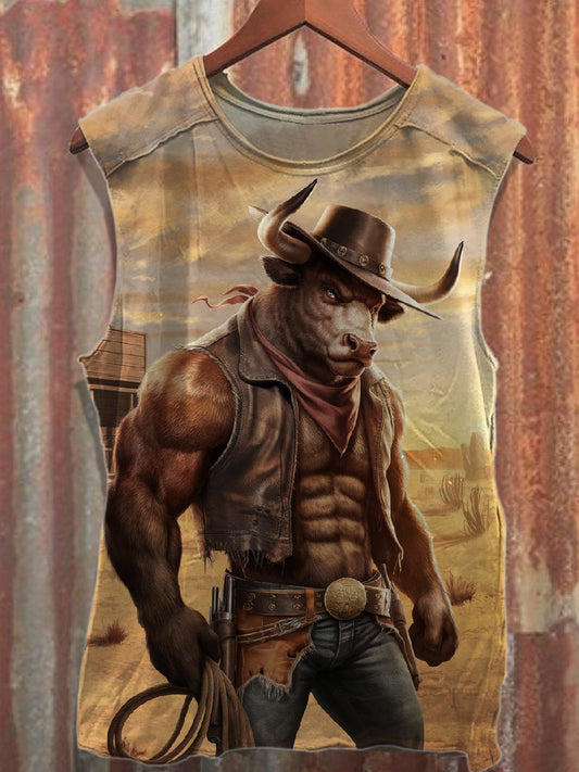 Retro Western Cattle Print Cotton Tank Top