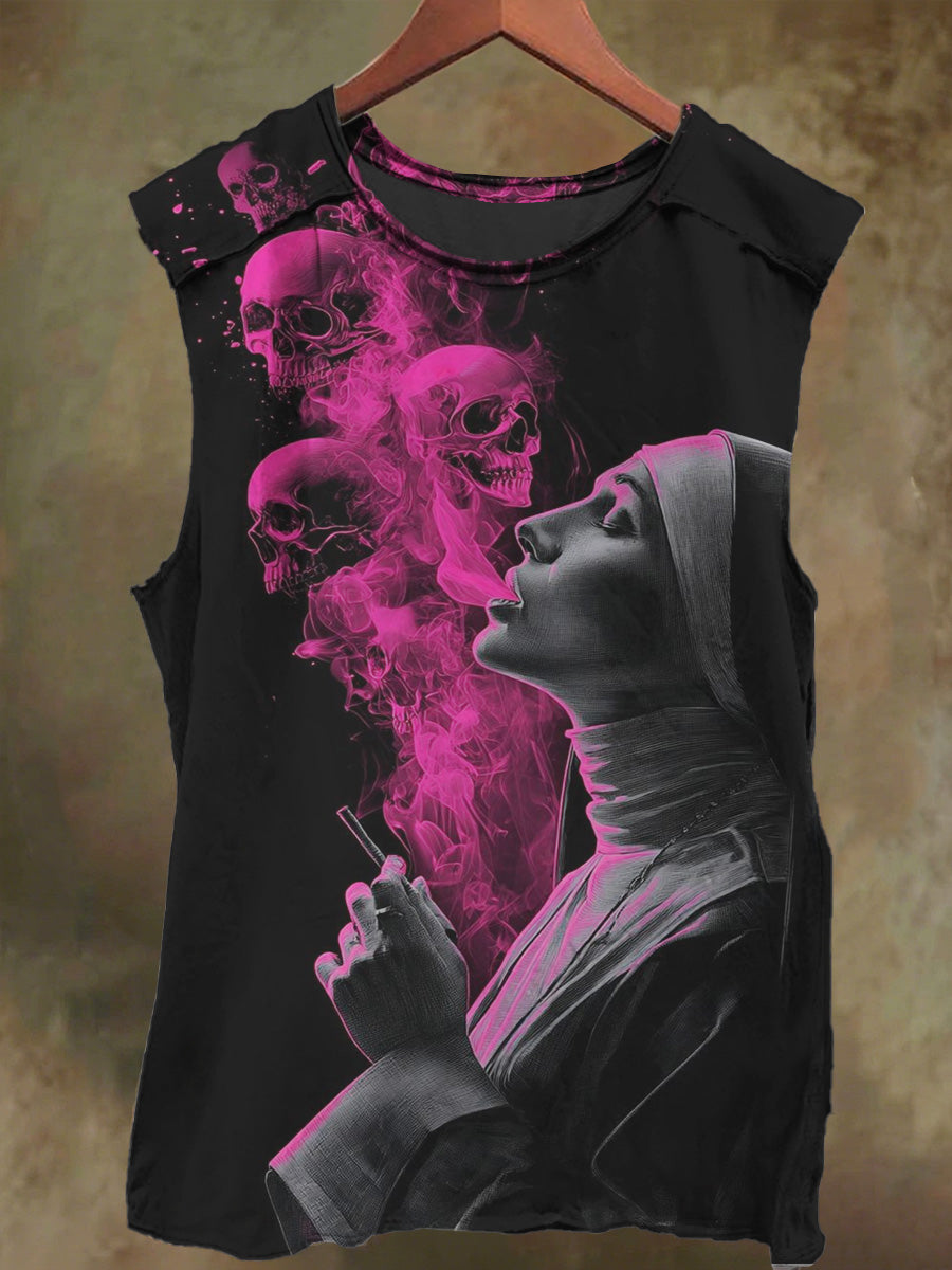 Unisex Abstract Skull Nun Print Casual Cotton Tank Top