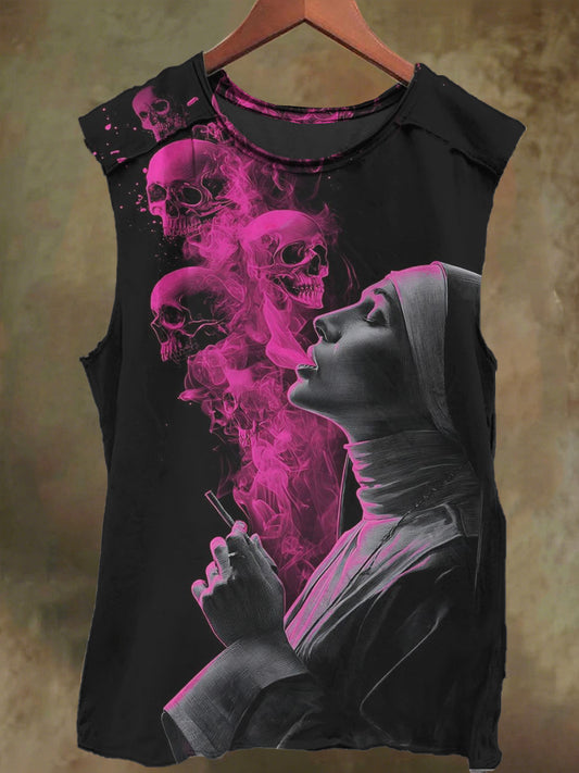Unisex Abstract Skull Nun Print Casual Cotton Tank Top
