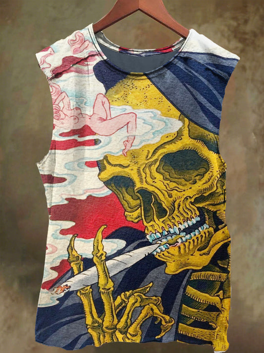 Neutral Abstract Smoking Skull Print Casual Cotton Tank Top