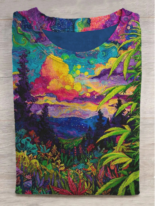 Dream World Colorful Forest Print Round Neck Short Sleeve T-Shirt
