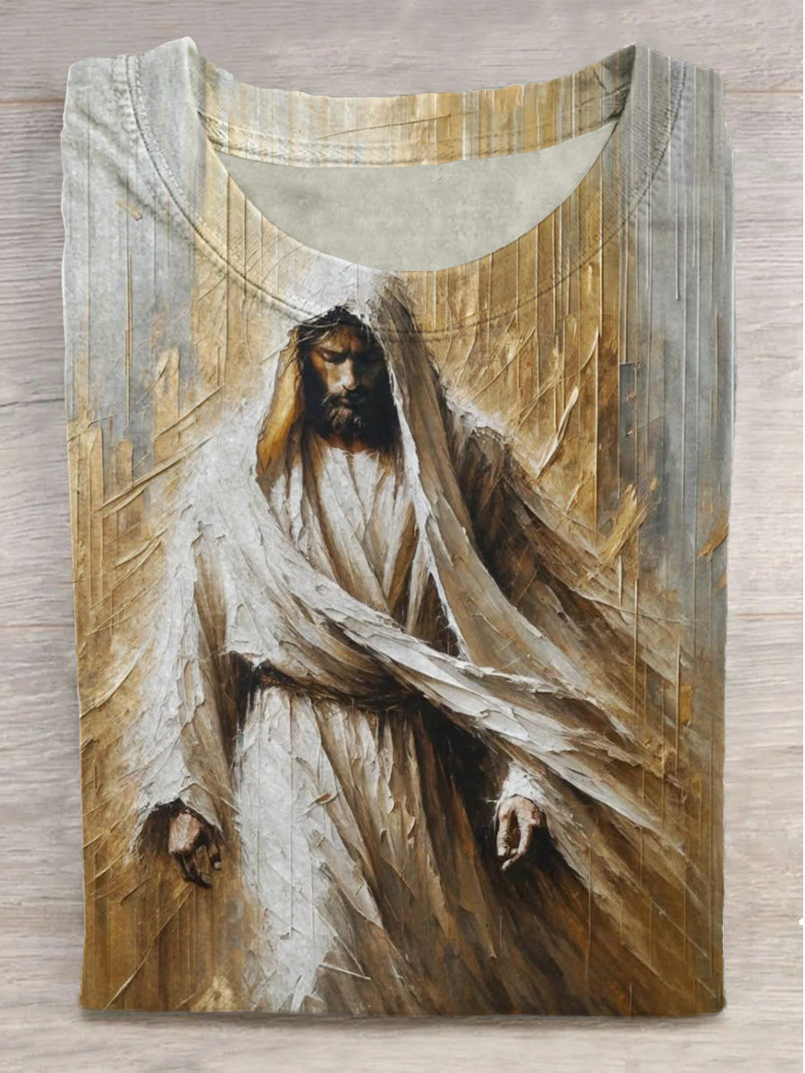 Embossed Jesus Print Round Neck Short Sleeve T-Shirt