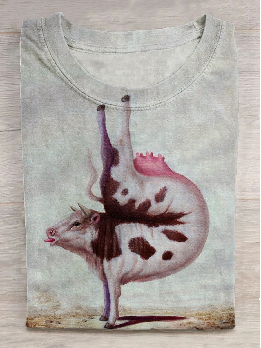 Funny Cow Print Round Neck Short Sleeve T-Shirt