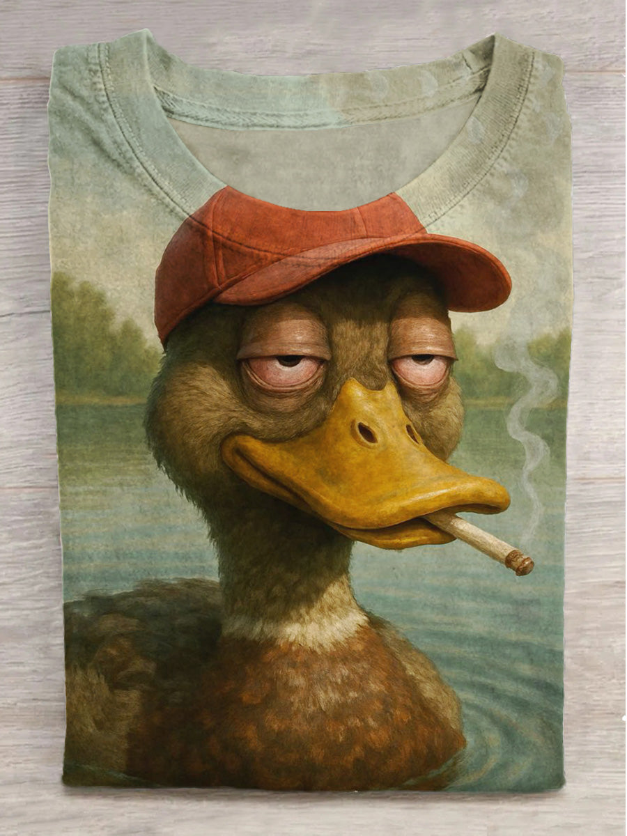 Fun Duck Smoking Print Round Neck Short Sleeve T-Shirt