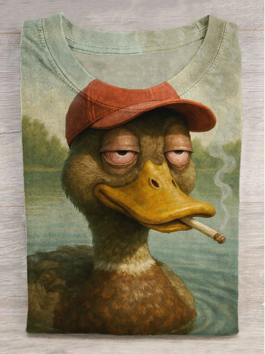 Fun Duck Smoking Print Round Neck Short Sleeve T-Shirt