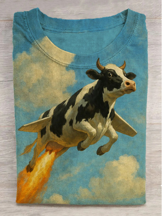 Funny Fantasy Flying Cow Print Round Neck Short Sleeve T-Shirt