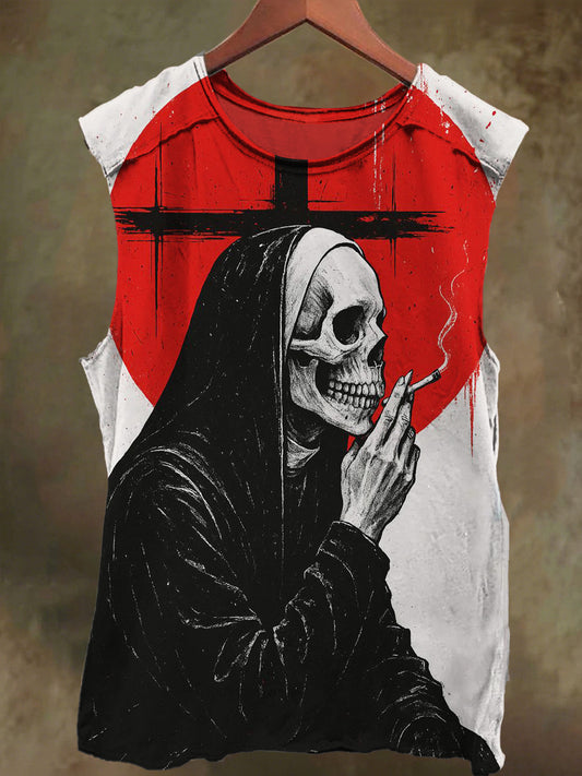 Unisex Nun Skull Print Casual Cotton Tank Top